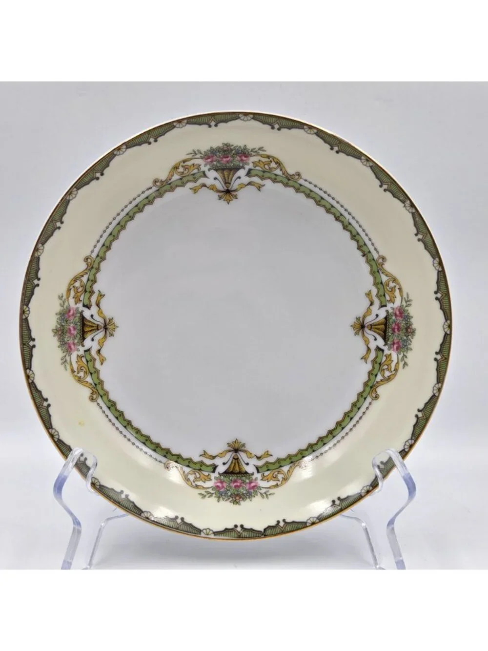 Noritake Penelope Set of 4 Coupe Soup Bowl Green Border Pink Roses Urn Gold Trim